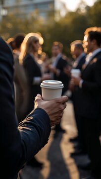 A professional holds a takeaway coffee while a group of business people network outdoors in warm evening light.