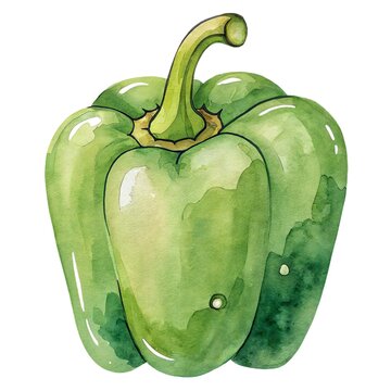 Detailed watercolor illustration of a fresh ripe green bell pepper isolated