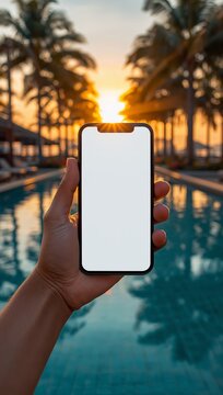 A hand holds a blank smartphone screen in front of a tropical pool surrounded by palm trees at sunset.