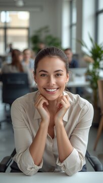Smiling young woman rests her face in her hands while sitting at a bright modern cafe.