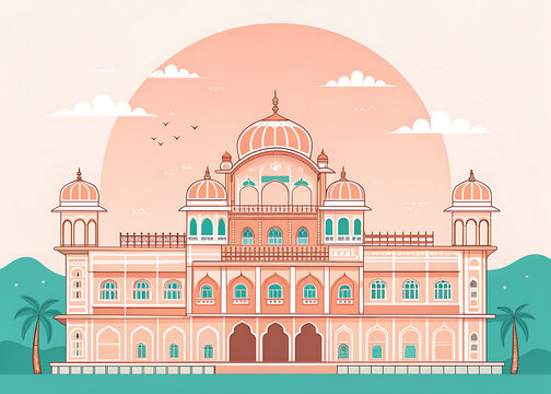 City Palace, Jaipur, ornate royal palace with domes and balconies, minimal vector style, pastel peach, cream and turquoise colors