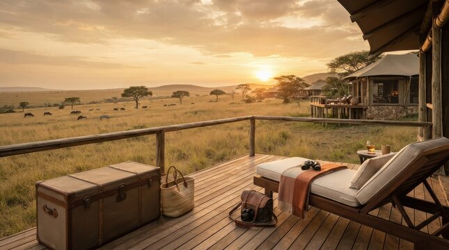 Luxury safari lodge wooden deck overlooking the african savanna at beautiful sunset with comfortable lounge chairs and relaxing atmosphere