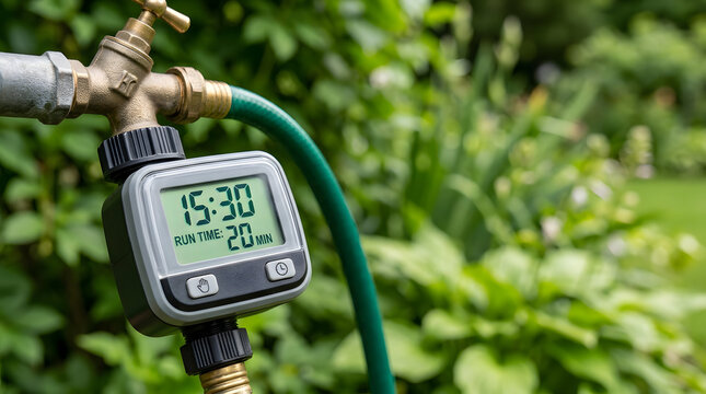 Close up of a digital water timer attached to a brass garden faucet. Automatic irrigation system running on a schedule
