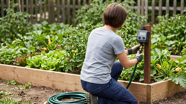 Woman kneeling in a vegetable garden attaching a hose to a digital water timer. Setting up an automatic irrigation system for raised beds