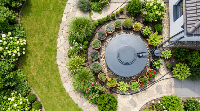 Top view of a round rainwater cistern surrounded by potted plants in a landscaped garden. Sustainable water harvesting system connected to a house downspout