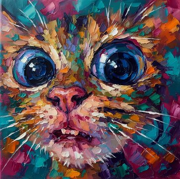 Colorful impasto oil painting of a cute kitten face with big blue expressive eyes