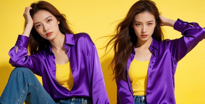Young Asian woman wears purple satin shirt over yellow top. She poses against bright yellow studio backdrop with long brown hair. Denim jeans complete her outfit.