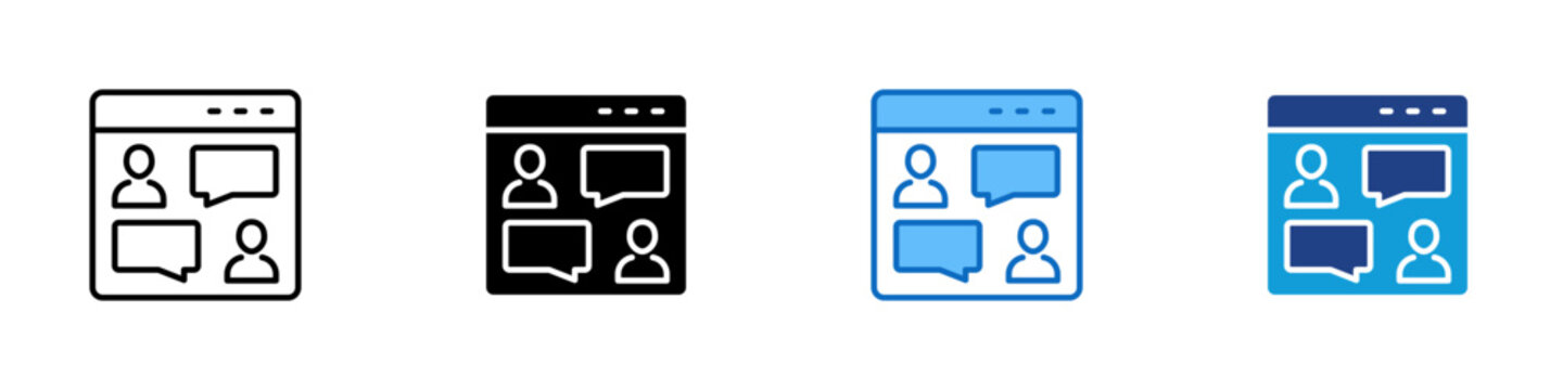 Online Discussion Forum Multiple Style Icon Design Vector - Browser window with people and chat bubbles representing online discussion forum, web chat community, and group messaging platform