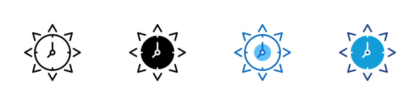 Peak Time Performance Multiple Style Icon Design Vector - Clock with radiating rays representing peak performance time, daylight schedule management, and optimal productivity hours planning