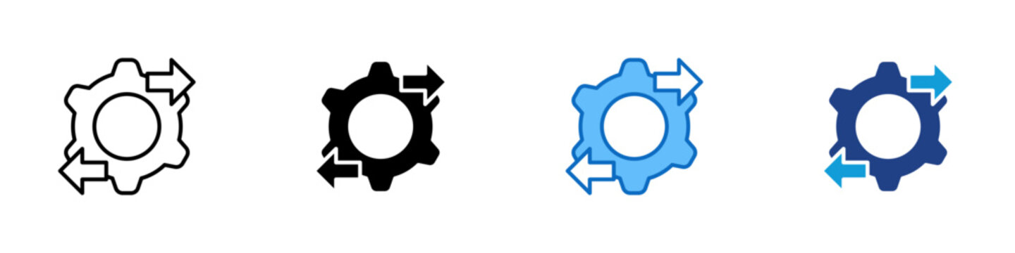 Process Exchange Gear Multiple Style Icon Design Vector - Gear with bidirectional arrows representing process exchange settings, automated workflow conversion, and system data swap mechanism