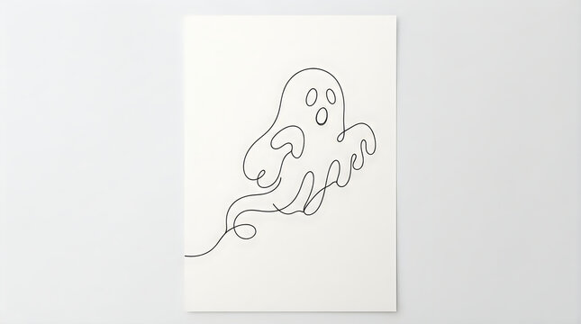 A cute ghost drawing made with a single continuous black line on a piece of paper for a fun and simple halloween holiday decoration design element