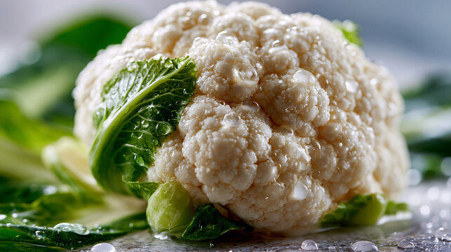 Fresh organic cauliflower head with green leaves on kitchen counter, cauliflower