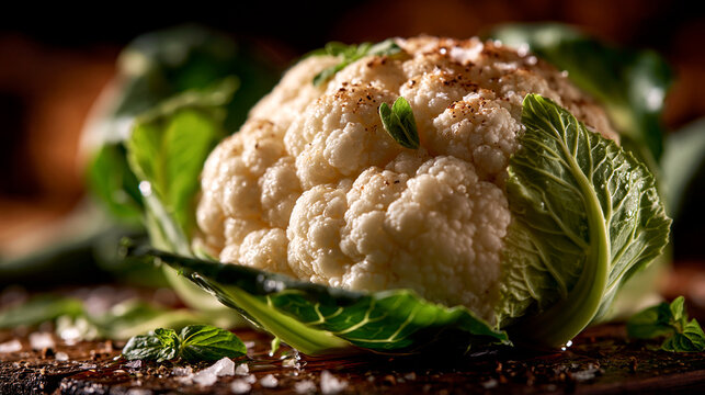 Fresh cauliflower head with green leaves and seasoning on wooden board, cauliflower