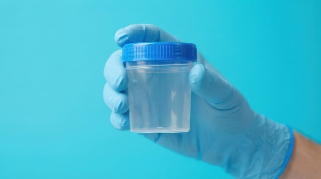 Medical professional in blue glove holding empty plastic container for urine sample collection
