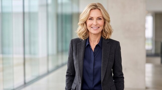Portrait of a confident senior businesswoman smiling in a modern office glass corridor wearing a dark blazer and blue satin shirt 