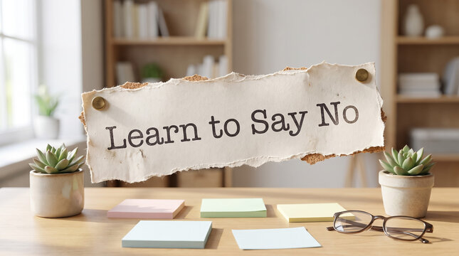 Learn to say no concept on ripped paper with pushpins, promoting self care, boundaries, and wellness at a modern workspace