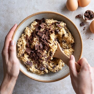 Hands mixing chocolate chip cookie dough in a ceramic bowl, preparing homemade cookies with a classic baking recipe