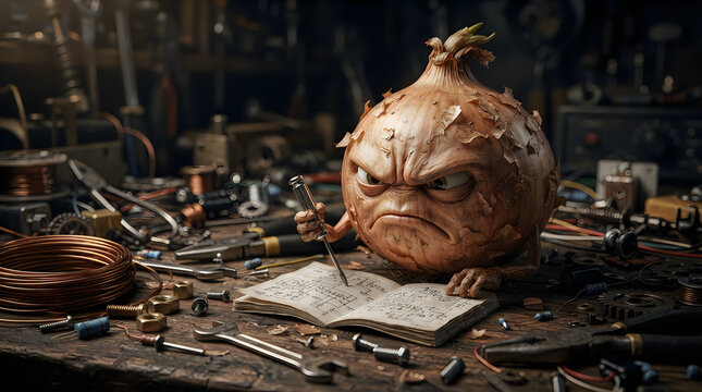 Angry onion character writing in a notebook on a workbench with metal tools in a dark workshop