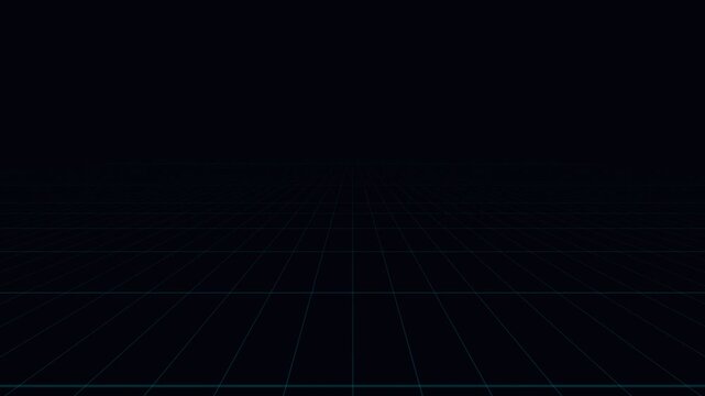 Grid background displays a dark digital perspective floor with minimalist blue lines.