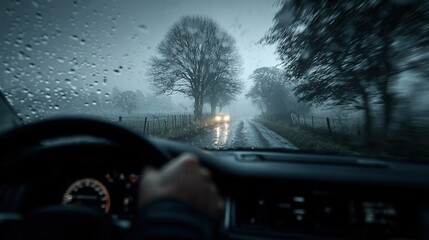 Naklejka premium driver in a car navigating a foggy rural road, soft diffused light, limited visibility, and a quiet atmospheric countryside setting 
