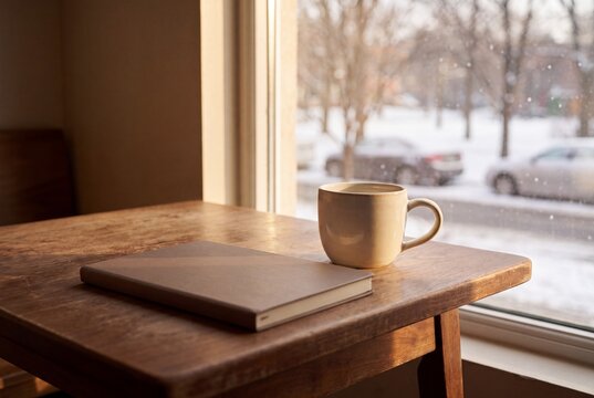 Closed notebook and coffee cup on a cafe table by a winter window