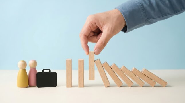 Hand stopping a falling wooden domino block to prevent a chain reaction, business risk management concept