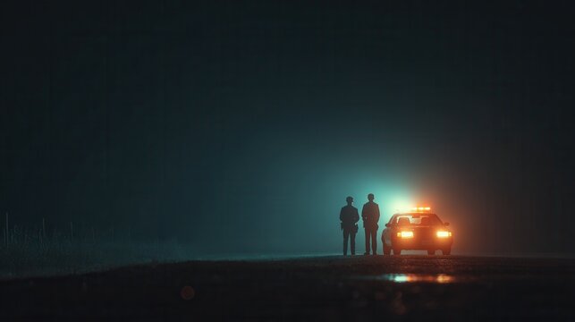 police cars with blue and red emergency lights flashing during a nighttime intervention, dramatic urban scene with reflections on the street 