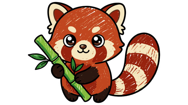 Adorable red panda holding green bamboo stalk illustration in hand drawn vector style