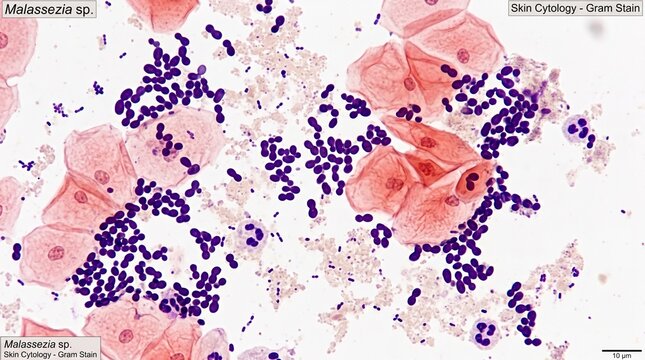 Microscopic view of Malassezia yeast organisms and epithelial cells in skin cytology gram stain