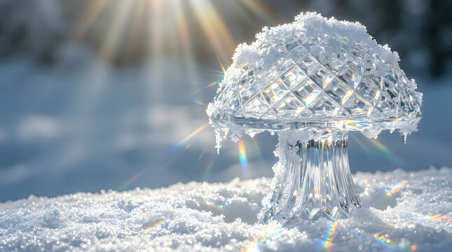 A single mushroom covered in morning frost standing on a cold forest floor