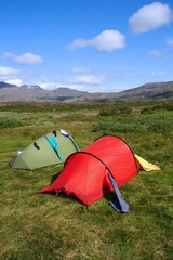 Outdoor vacation adventure. Camping tents at a campground in Thingvellir National Park in Iceland. © Tupungato