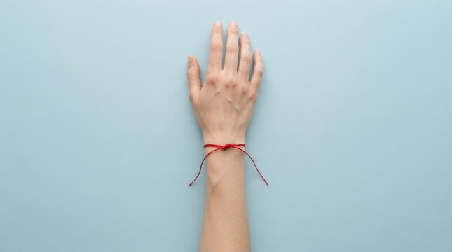Womans hand with a red string bracelet against a blue background