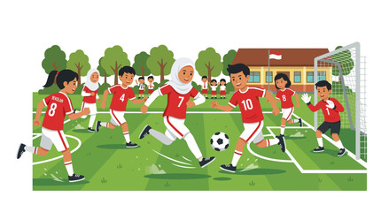Fototapeta premium Diverse Group of Energetic Children Wearing Red Jerseys Playing an Exciting Game of Soccer on a School Field with Goalposts