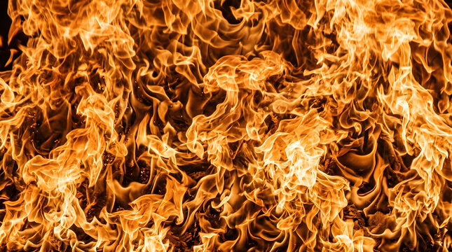 Full-frame orange and golden flames creating intricate natural texture, layered tongues of fire, intense luminous detail, controlled exposure, photorealistic premium energy background, 8k.