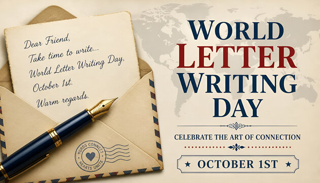 World letter writing day conceptual illustration with a vintage envelope and fountain pen against a world map background