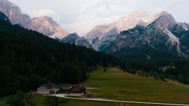 Mountain peaks at sunset. Mountains in Dolomites Italy, Lago di San Vito