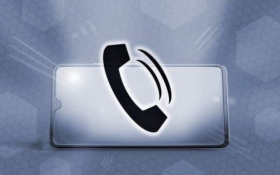 Smartphone 3D con icono de llamada telef&oacute;nica brillante sobre fondo tecnol&oacute;gico digital. Concepto de comunicaci&oacute;n m&oacute;vil moderna, conectividad global y llamadas entrantes.
