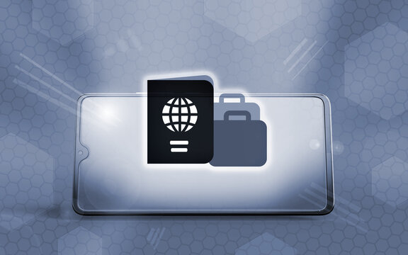 Tel&eacute;fono inteligente 3D con iconos flotantes de pasaporte y maleta sobre fondo tecnol&oacute;gico, representando viajes internacionales, turismo y gesti&oacute;n de documentos digitales