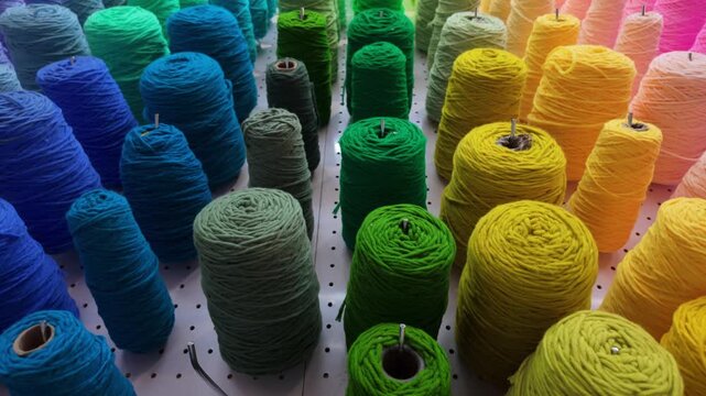 Colorful yarn wall in a creative tufting studio