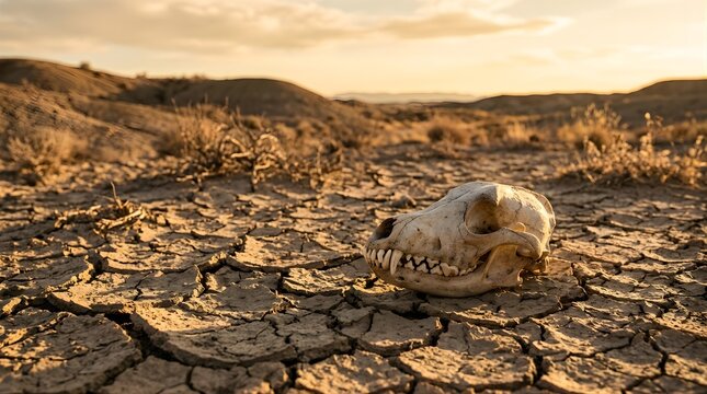 Animal skull lying on cracked dry desert earth at sunset in nature