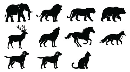 Obraz premium Collection of wild and domestic animal silhouettes featuring detailed black vector graphics on white background