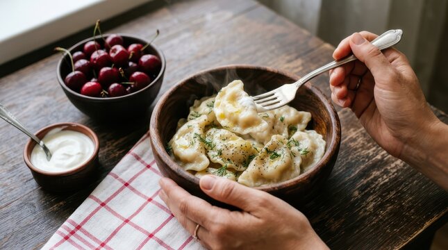 Hand holding a fork with a dumpling over a wooden bowl of pierogi with sour cream and cherries on a rustic table