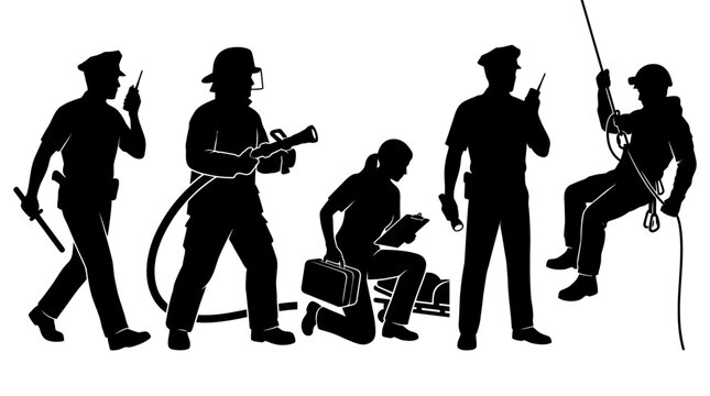 Black silhouette vector illustration of various emergency responders including police officers firefighters and medical rescue workers
