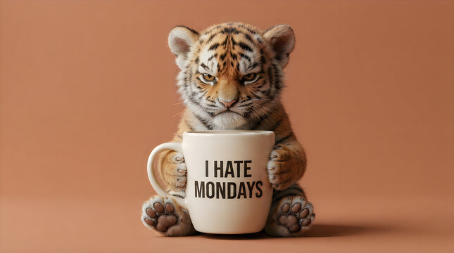Grumpy baby tiger cub holding a coffee mug with the text i hate mondays on a brown background
