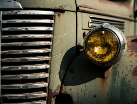 Closeup of rusty old truck grill and headlight. Vintage automobile shows weathered metal, decay, and corrosion. Abandoned vehicle sits neglected, showing age and wear.