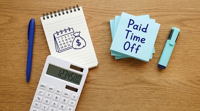 Wooden desk arrangement featuring calculator with digits, notebook with calendar and money bag illustration, paid time off notes, and dark blue pen for planning employee holidays.
