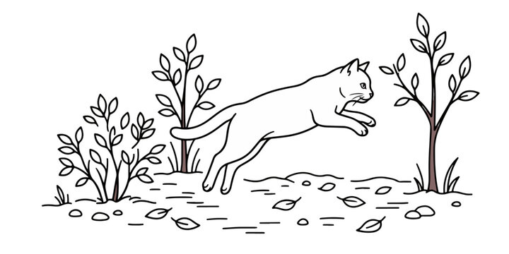 Hand-drawn outline of a playful kitty pouncing in nature isolated on white background
