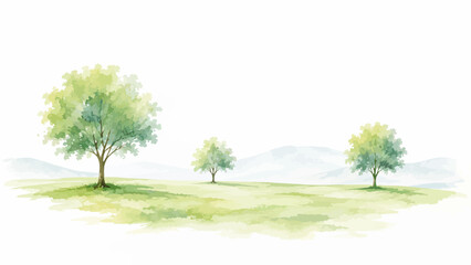 Naklejka premium Minimalist Watercolor Green Landscape Collection with Soft Trees and Rolling Hills on Clean White Background