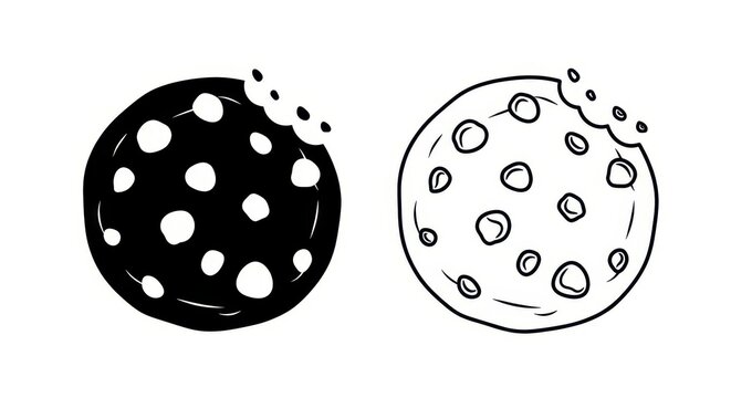 Hand-Drawn Chocolate Chip Cookie Icons with Bite Mark - Solid and Outline Vector Illustration Set