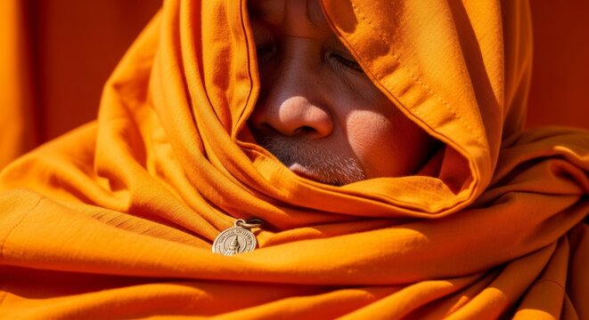 Macro perspective of orange monk robes with a bronze amulet reflecting warm sunlight during a peaceful moment